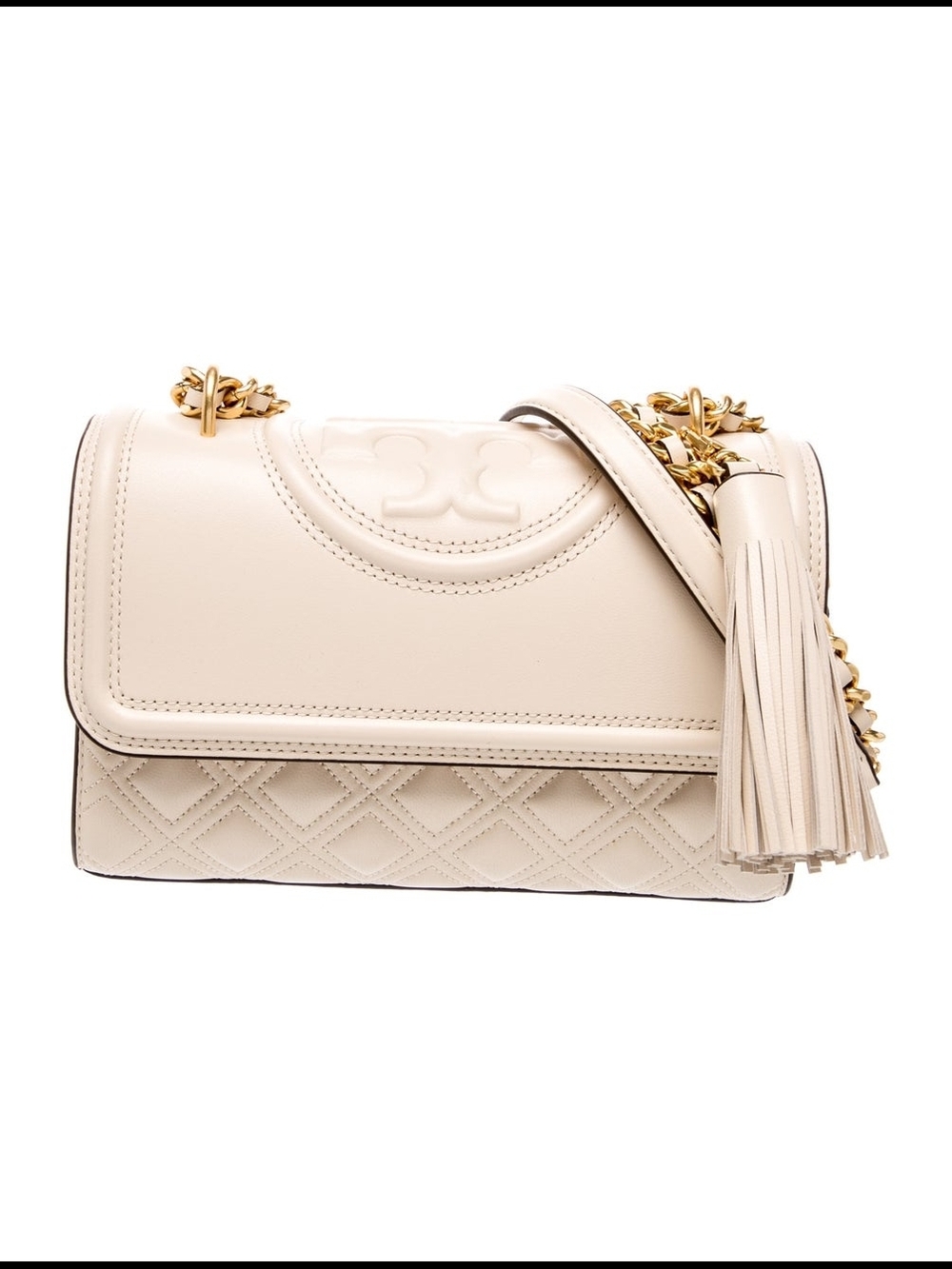 tory burch fleming Cream Leather Quilted Shoulder Bag with Tassel